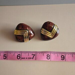 Brown & Gold Geometric Clip-On Earrings |‎ Vintage Style